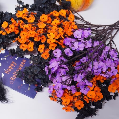 Uieke 6 Pcs Halloween Artificial Baby's Breath Flowers, Black & Purple & Orange Faux Gypsophila Flowers, Real Touch Silk Flowers for Cemetery Decor, Haunted House Party, Spooky Centerpieces - Image 5