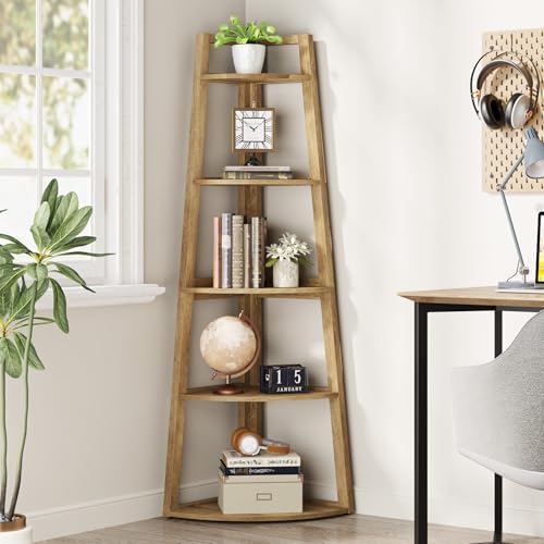 Tribesigns 70 inch Tall Corner Shelf, 5 Tier Modern Corner Bookshelf Bookcase Industrial Corner Ladder Shelf Plant Stand for Living Room, Kitchen, Home Office (Light Brown) - Image 5