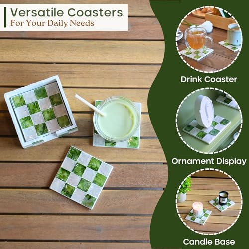 CHI AN HOME 4" Capiz Checkered Coasters Set 6 with Holder, Pistachio Green - Image 5