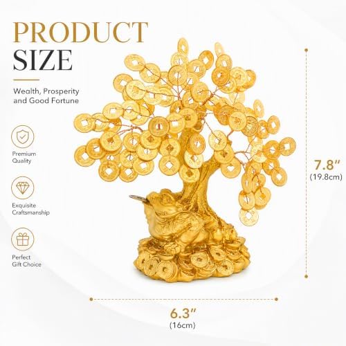 Feng Shui Money Toad Gold Tree (7.8" H x 6.3" W) - Resin Base & Metal Coins - Lucky Wealth Frog Statue for Office Desk, Cash Register, Store Opening & Housewarming Gift - Image 2