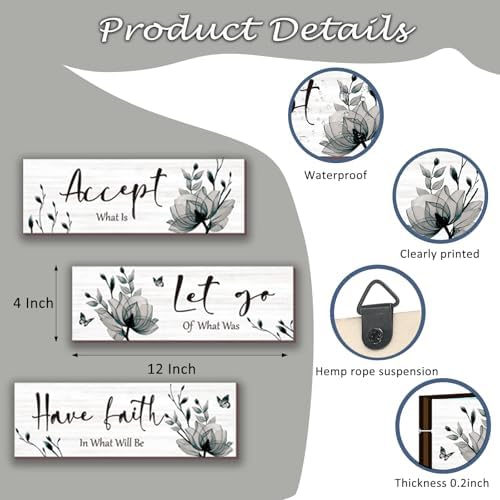 3 Pcs Black And White Bathroom Decor Rustic Flower Black Wall Art Accept Let Go Have Faith Farmhouse Bedroom Wall Decor Wooden Inspirational Quotes Grey Decoration for Living Room(Black,12 x 4 Inches) - Image 5