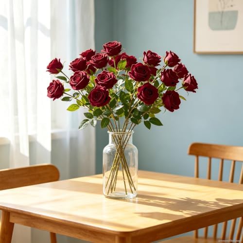 100Pcs Burgundy Roses Artificial Flowers, Realistic Silk Fake Roses Bouquet - Image 4
