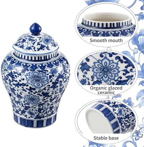 Small Blue and White Ginger Jar with Lid, 7.87 Inch Ceramic Chinoiserie Ginger Jar, Decorative Porcelain Ginger Vase with Exquisite Floral Patterns for Home, Living Room & Office - Image 2