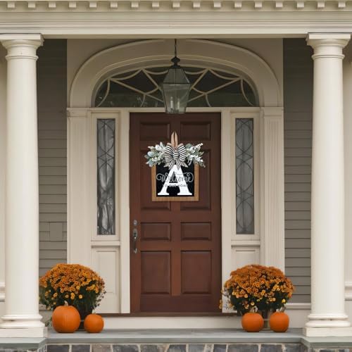 Ultra Large 14'' Last Name All Year Round Front Door Wreath with 26 Initial Letter Welcome Sign All Seasons Eucalyptus Garland and Bow Wreaths for Front Door Porch Farmhouse Decoration (A) - Image 6