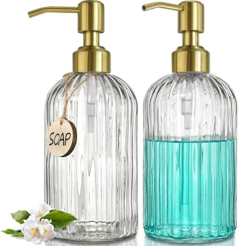 JASAI 2PACK 18Oz Fluted Glass Soap Dispenser with Golden Rust Proof Pump by JASAIHOME