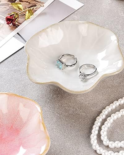JAMEND CLXP 2PCS Lotus Leaf Shape Ring Holder Dish, Small Key Bowl, Ceramic Trinket Tray Jewelry Dish Organizing Necklace Earrings for Mom Friend Sister, All Jewelries Are NOT Included. White +Pink.… - Image 3
