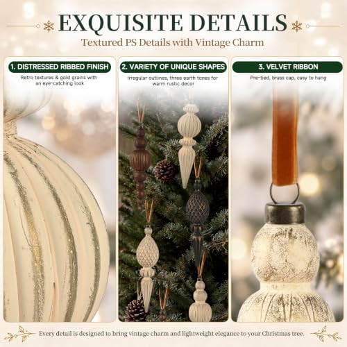 Vintage Christmas Ornaments, Rustic Finial Hanging Decor for Tree, 12pcs - Image 4