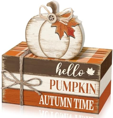 Geelin 4 Pcs Fall Tiered Tray Decorations Thanksgiving Wooden Pumpkin and Maple Leaf Book Stack Signs, Autumn Vintage Table Decoration for Home Office Table Shelf Centerpiece Farmhouse Decorations by Geelin