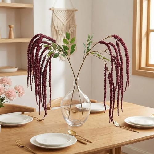 2Pcs Amaranthus Artificial Flower, 43" Faux Hanging Amaranthus Silk Cascading Floral Stems for Wedding Bouquet, Home Vase Decor, Bendable Stems Fake Hanging Plants (Burgundy) - Image 2