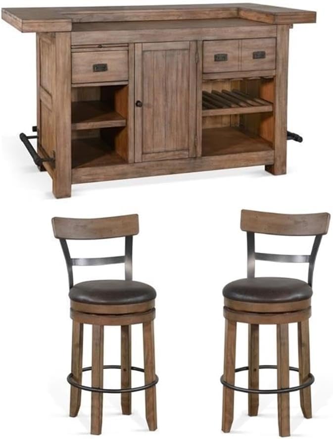 Pemberly Row Set of 3 Natural Brown Wood Bar Unit & 2 Swivel Barstool by PEMBERLYROW