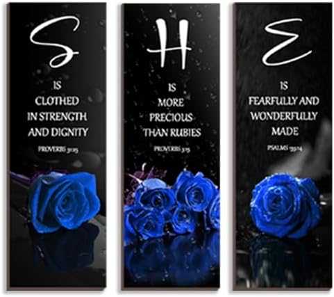 DONFENTHY 3 Pcs Blue Bedroom Decor Blue Rose Wooden Wall Decor Navy Bathroom Inspirational Farmhouse Office Signs With SHE Bible Words Decor For Women Bedroom Home(12x4Inch) by DONFENTHY