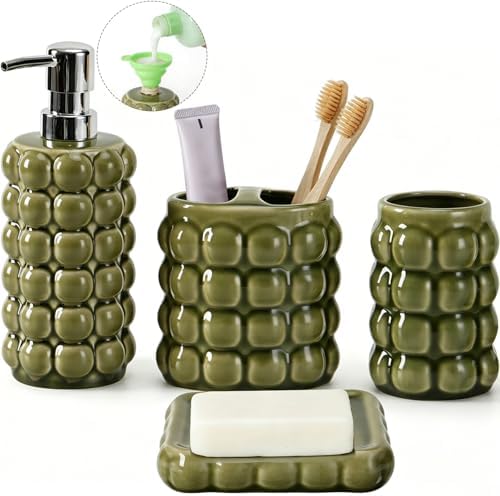 4 Piece Ceramic Bathroom Accessories Set –Soap Dispenser,Toothbrush Holder,Tumbler & Soap Dish,Includes Silicone Funnel,Non-Slip,Modern Farmhouse Countertop Organizer Set for Bathroom Decor, Green by foinly