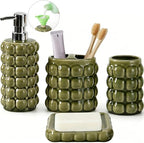 4 Piece Ceramic Bathroom Accessories Set –Soap Dispenser,Toothbrush Holder,Tumbler & Soap Dish,Includes Silicone Funnel,Non-Slip,Modern Farmhouse Countertop Organizer Set for Bathroom Decor, Green by foinly