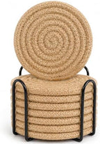 ABenkle 8 Pcs Drink Coasters with Holder, Jute Woven Absorbent Coasters for Drinks, Boho Minimalist Home Decor Coaster Set for Coffee Wooden Tabletop Protection Table, 4.3 inches by ABenkle