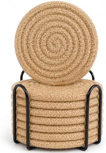 ABenkle 8 Pcs Drink Coasters with Holder, Jute Woven Absorbent Coasters for Drinks, Boho Minimalist Home Decor Coaster Set for Coffee Wooden Tabletop Protection Table, 4.3 inches by ABenkle