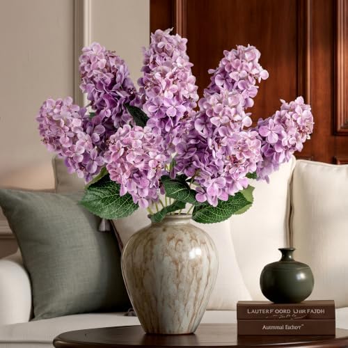 Ttranewsoo Fake Hydrangea Silk Flowers with Stems,Faux Hydrangea Artificial Flowers Purple for Home Wedding,Dried Hydrangea Artificial Flowers Bouquet Vase Decor 24"（ Purple ） 8pcs No Vase by Ttranewsoo