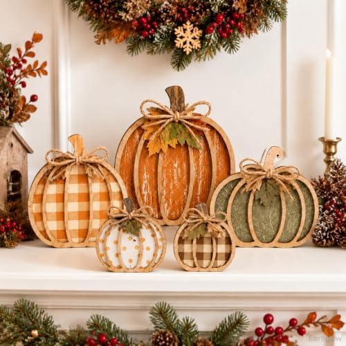 Fall Decorations for Home, Wooden Buffalo Plaid Pumpkin Fall Decor - Image 5