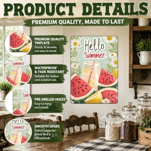Hello Summer Vintage Tin Sign Watermelon Summer Decor Funny Wall Decor for Home Cafes Office Club 12x8 Inch - Image 3
