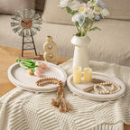 Farmhouse Oval Wooden Decorative Trays Set of 2, Distressed White Solid Wood Beaded Trays for Coffee Table, Kitchen Counter, Ottoman & Dining Table Centerpiece Decor - Image 2