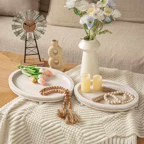 Farmhouse Oval Wooden Decorative Trays Set of 2, Distressed White Solid Wood Beaded Trays for Coffee Table, Kitchen Counter, Ottoman & Dining Table Centerpiece Decor - Image 2