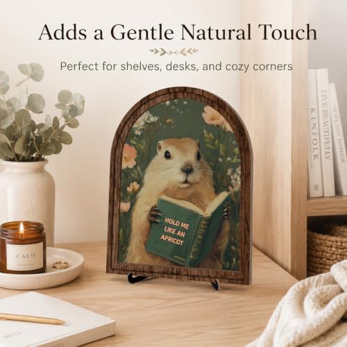 Wooden Tabletop Decor Funny Reading Groundhog Art for Library, Office or Study Decor, Literary Wall Art for Reading Lovers Gift Decor, Home Decorative Accent - Image 2