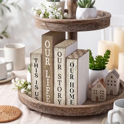 Lineshading 4 Pcs Farmhouse Table Decor Wooden Book Our Home Our Story Life - Image 2