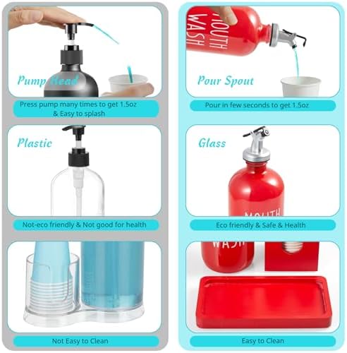 Glass Mouthwash Dispenser for Bathroom, 16 OZ Mouthwash Dispenser with Pour Spout and Wood Cup Holder and Tray, Mouth Wash Bottle Container, Red Kitchen Bathroom Decor and Accessories - Image 5