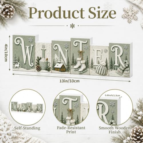 Winter Tabletop Decor, Sage Green Wooden Sign for Shelf, Mantel & Home - Image 3