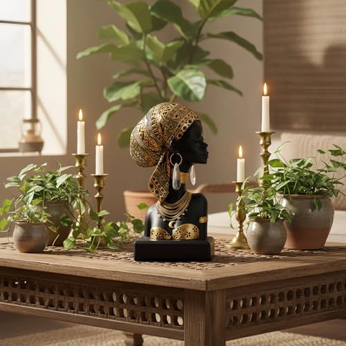 Lescafita African Lady Bust Sculpture with Golden Headwrap – Resin Figurine with Earrings and Necklace, Modern African Woman Statue for Home Decor and Cultural Gift - Image 4