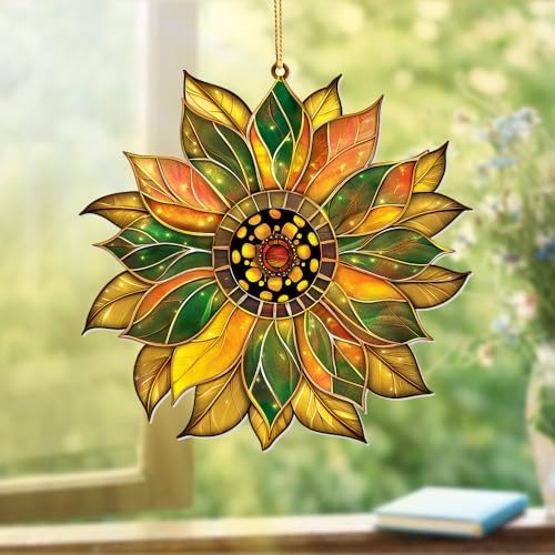 Stained Glass Acrylic Sunflower Ornament – Colorful Glass Sun Catcher for Windows, Christmas Tree Decoration 2025, Hanging Holiday & Everyday Décor Gift(Sun-22) - Image 2