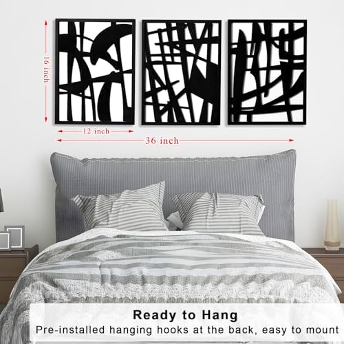3D Wood Abstract Wall Art, Framed Black and White Wall Art, Modern Minimalist Black Wall Decor for Living Room Bedroom Bathroom Dining Room (Ready to Hang, 12x16 inches, Set of 3, Framed) - Image 5