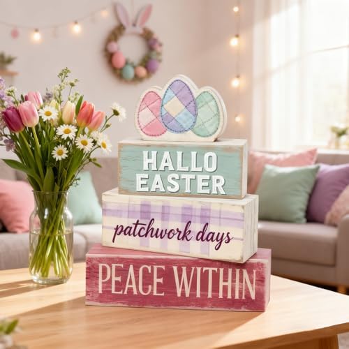 Easter Decorations - Easter Eggs Patchwork Tiered Tray Decor - Wooden Easter Tabletop Sign - Rustic Farmhouse Spring Home Decor Indoor for Tiered Tray Shelf Mantel Entryway Coffee Table - Spring Home Decor for Living Room, Kitchen Counter - Image 6