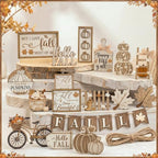 Shellwei 20 Pcs Fall Tiered Tray Decor Set, Neutral Autumn Pumpkin Sign - Image 3