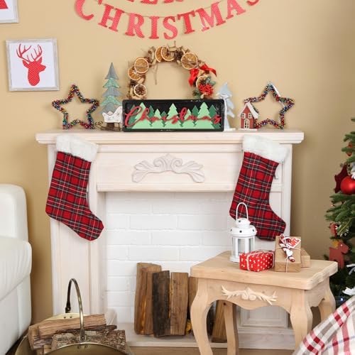 Vintage Christmas Decorations for Office, Home, Table, Mantel, Shelf, Desk, 3 1/2 x 11 Inch Retro Xmas Tree Sign, Wooden Christmas Decor Sign, Farmhouse Red and Green Decoration (Trees) - Image 3