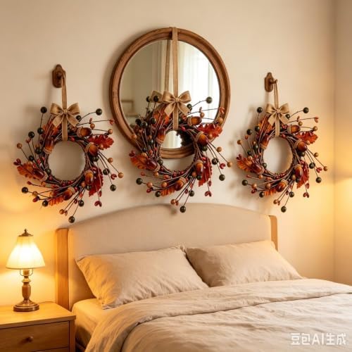 6 Pcs Mini Fall Hanging Wreaths for Cabinets Small Candle Rings Wreath Pillar Holder Wreath with Acorn Berry Autumn Leaves Harvest Wreaths for Farmhouse Porch Front Door Window - Image 7