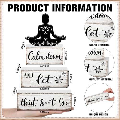 Marsui 4 Pcs Funny Bathroom Shelf Decor Calm Down and Let That Go Wood Sign - Image 3