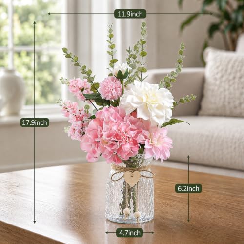 Artificial Pink Hydrangea Dahlias Mixed Bouquet in Vase for Farmhouse Decor - Image 5