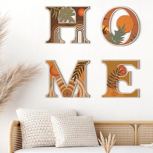 Honoson 4 Pcs Orange Boho Wall Art Decor Aesthetic Wood Home Letters Sign Hanging Orange Abstract Wall Art Rustic Farmhouse Geometric Sun Moon Leaves for Decorative Living Room Kitchen Bedroom by Honoson
