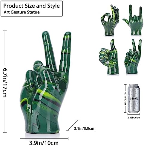 LCCCK Emerald Green Home Decor Peace Symbol Statue, Creative Hand Gesture Peace Sign Decor, Emerald Green Fingers Sculpture for Living Room Bedroom Coffee Table, Desktop, Bookshelf - Image 2