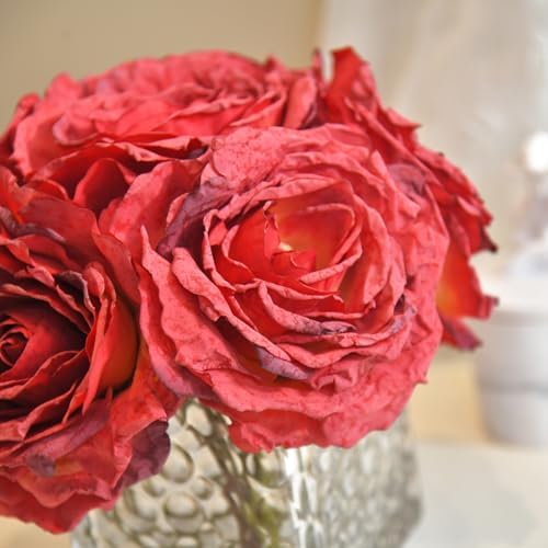 Silk Roses in Glass Vase with LED, Low Centerpiece for Table, Red - Image 5