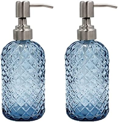 16 oz Diamond Pattern Glass Soap Dispenser, Kitchen and Bathroom Refillable Soap Dispenser with Rust Resistant Stainless Steel Pump for Hand Soap, Lotion Glass Liquid Dispenser(Blue - 2 Pack) by SDlumeiy