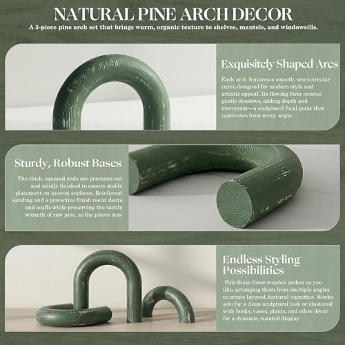 EOSAHR Pine Wood Arch Decor Set: Wood Sculpture for Book Shelf Decor, Green - Image 5