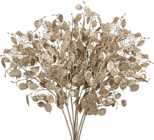 8 Pcs Christmas Tree Picks and Sprays Champagne Glitter Christmas Picks 26.8" Christmas Glitter Eucalyptus Leaves Stems for Christmas Tree Filler Branches Wreaths Centerpieces Holiday Decorations by Oairse