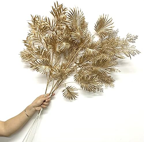 Artificial Golden Plants for Christmas Decor, Tall 30 Inch Faux Palm Leaves Plastic Fan Leaf Fake Tropical Monstera Tree for Indoor Outdoor Wedding Party Big Vase Filler DIY Decoration - Gold 2 Pack - Image 3