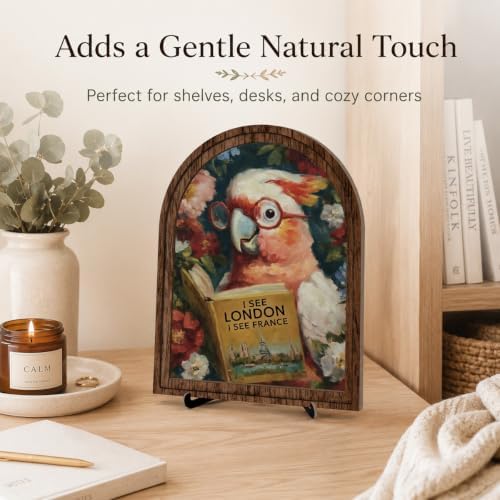 Book Lover Decor Arched Wooden Frame Tabletop Sign, Funny Reading Bird Bookshelf Decor for Desk Shelf and Reading Nook, Vintage Floral Parrot Art Accent - Image 2