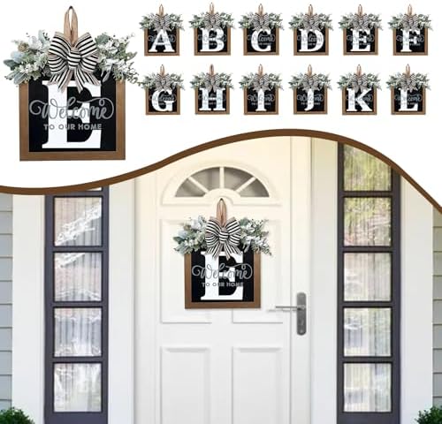 Ultra Large 14'' Last Name All Year Round Front Door Wreath with 26 Initial Letter Welcome Sign All Seasons Eucalyptus Garland and Bow Wreaths for Front Door Porch Farmhouse Decoration (E) - Image 5
