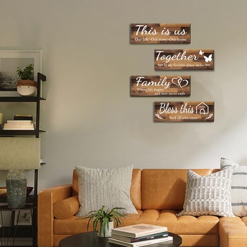 4 Pieces Home Wall Signs, THIS IS US/TOGETHER/BLESS THIS HOME/FAMILY Wall Decor For Living Room Bedroom, Rustic Wooden Farmhouse Wall Art , 4.7 x 13.8 Inch(Brown) - Image 2