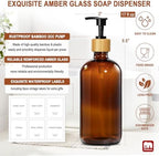 GMISUN Amber Glass Soap Dispenser, 2 Pack Bathroom Hand Soap Dispensers with Bamboo Pump, 17 Fl Oz Kitchen Hand and Dish Soap Dispenser Set, Modern Vintage Liquid Brown Soap Dispensers Bottle - Image 3