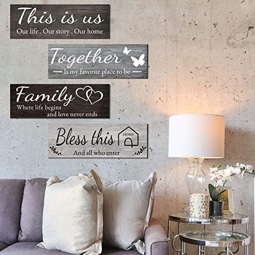 Joyhawk 4 Pieces Home Wall Decor Signs, THIS IS US/TOGETHER/BLESS THIS HOME/FAMILY Wall Decor For Living Room Bedroom, Rustic Wooden Farmhouse Wall Art Decor, 4.7 x 13.8 Inch(Mixed Color) - Image 7
