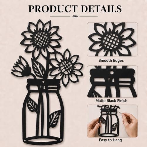 qzmaikoo 3 Pieces Sunflower Roses Daisy Black Metal Flowers Wall Decor Metal Vase Wall Art Metal Wall Sculptures Hanging for Indoor Kitchen Bathroom Bedroom living room,14.56x7.87 inches - Image 3